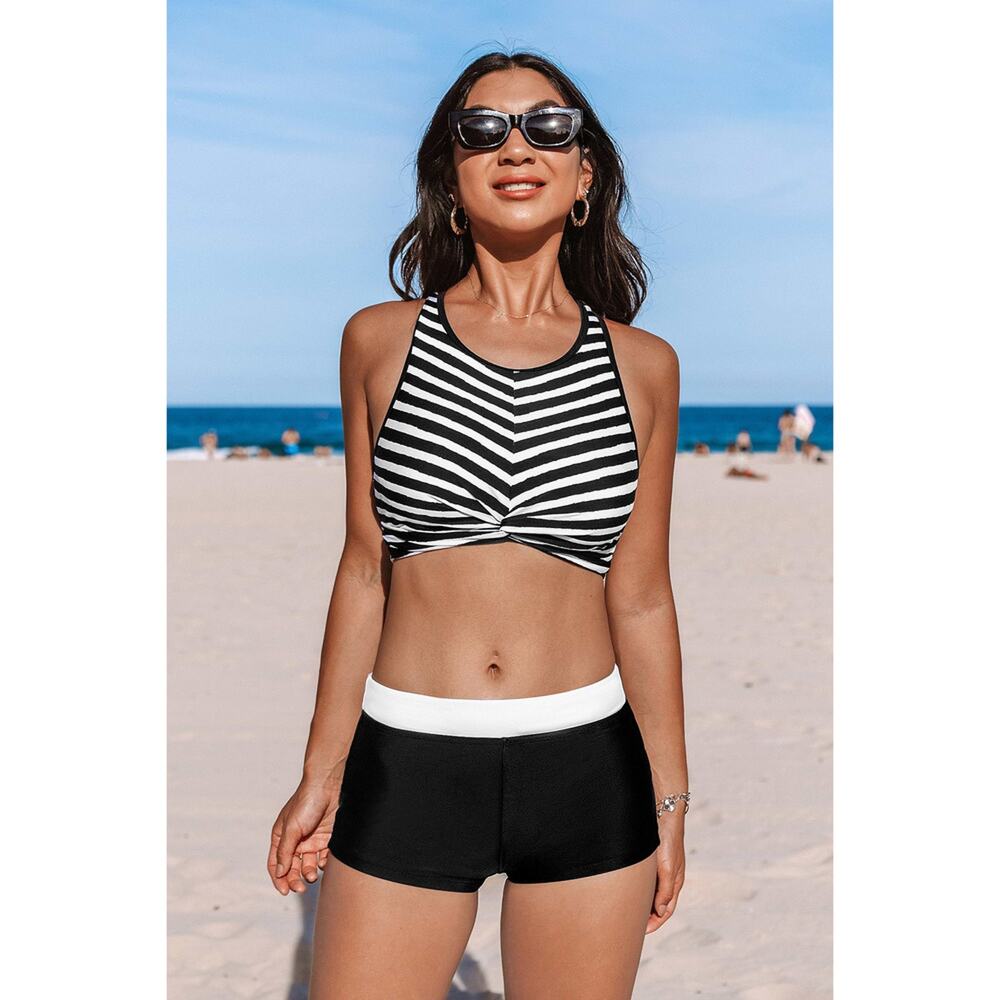 NEW CUPSHE Striped High Neck Bikini Top & Boy Shorts Set SIZE XL